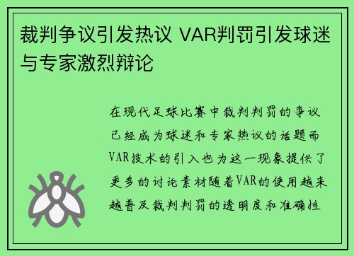 裁判争议引发热议 VAR判罚引发球迷与专家激烈辩论